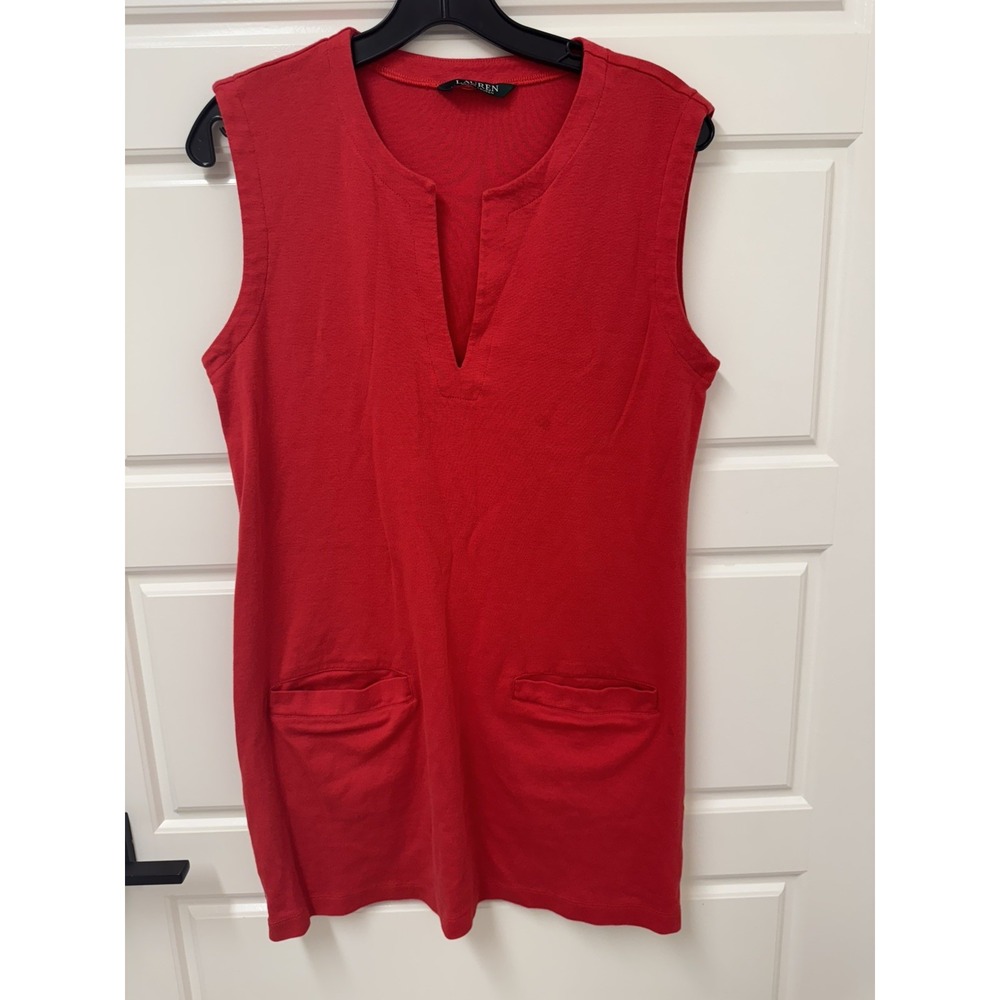 Lauren Ralph Lauren Red Sleeveless Knit Dress V-Neck Gold LRL Buttons Medium